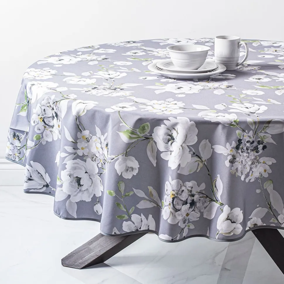 Easycare Printed 'Dahlia' Polyester Tablecloth 70" Round (Grey)