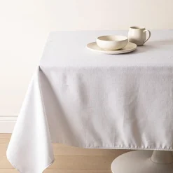 Easycare Printed Textured Faux Linen Polyester Tablecloth 58x94 White