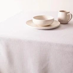Easycare Printed Textured Faux Linen Polyester Tablecloth 58x94 White