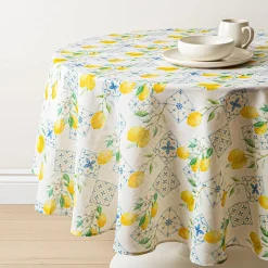 Harman Printed 'Lemon Tile' Linen Tablecloth 70" dia.