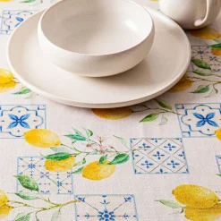 Harman Printed 'Lemon Tile' Linen Tablecloth 70" dia.