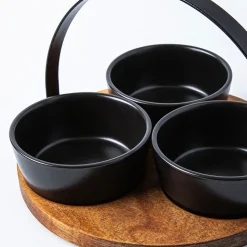 KSP Acacia Tray with Ceramic Bowls - Set of 4 22cm dia. x 15cm (Black)