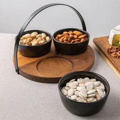 KSP Acacia Tray with Ceramic Bowls - Set of 4 22cm dia. x 15cm (Black)