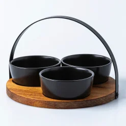 KSP Acacia Tray with Ceramic Bowls - Set of 4 22cm dia. x 15cm (Black)