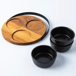 KSP Acacia Tray with Ceramic Bowls - Set of 4 22cm dia. x 15cm (Black)
