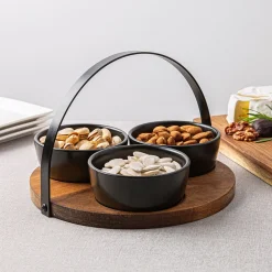 KSP Acacia Tray with Ceramic Bowls - Set of 4 22cm dia. x 15cm (Black)