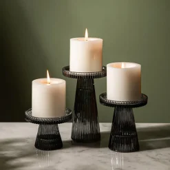 KSP Ava Ribbed Glass Pillar Candle Holder - Set of 3 (Smoke)