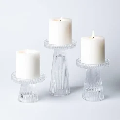 KSP Ava Ribbed Glass Pillar Candle Holder - Set of 3 (Clear)