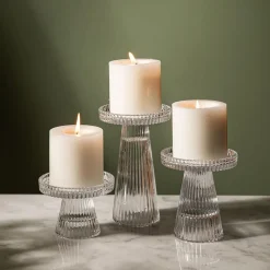 KSP Ava Ribbed Glass Pillar Candle Holder - Set of 3 (Clear)