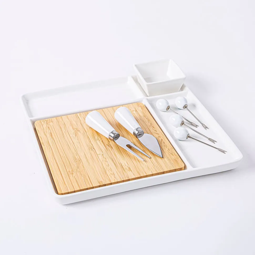 KSP Bamboo Porcelain Serve Platter - Set of 9 (White/Natural)