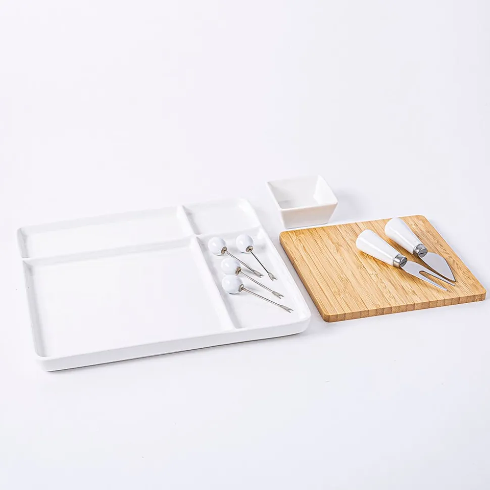 KSP Bamboo Porcelain Serve Platter - Set of 9 (White/Natural)