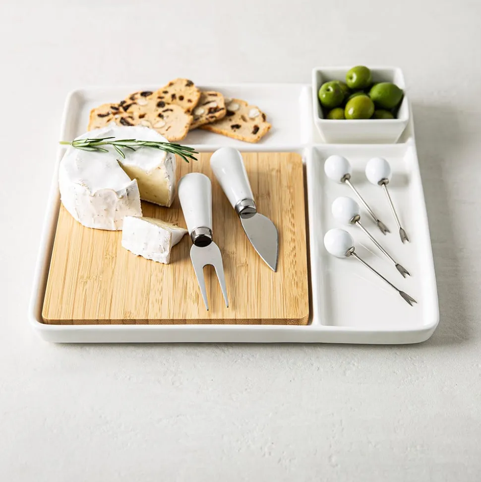 KSP Bamboo Porcelain Serve Platter - Set of 9 (White/Natural)