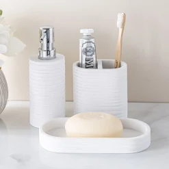 KSP Berkeley Stripe Resin Bath Accessory - Set of 3 (White)