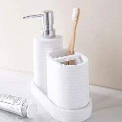 KSP Berkeley Stripe Resin Bath Accessory - Set of 3 (White)
