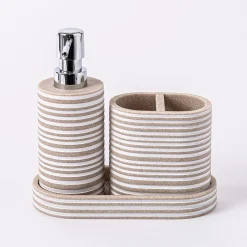 KSP Berkeley Stripe Resin Bath Accessory - Set of 3 (Natural/White)