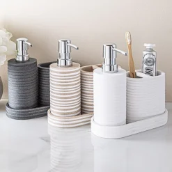 KSP Berkeley Stripe Resin Bath Accessory - Set of 3 (Natural/White)