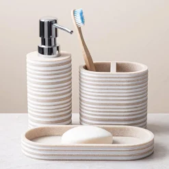 KSP Berkeley Stripe Resin Bath Accessory - Set of 3 (Natural/White)