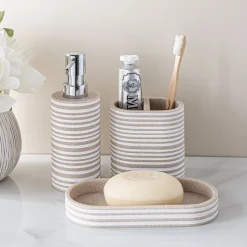 KSP Berkeley Stripe Resin Bath Accessory - Set of 3 (Natural/White)