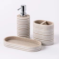 KSP Berkeley Stripe Resin Bath Accessory - Set of 3 (Natural/White)