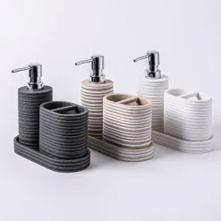 KSP Berkeley Stripe Resin Bath Accessory - Set of 3 (Natural/White)