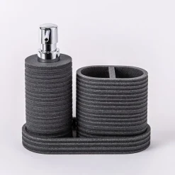 KSP Berkeley Stripe Resin Bath Accessory - Set of 3 (Grey/Black)