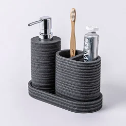 KSP Berkeley Stripe Resin Bath Accessory - Set of 3 (Grey/Black)