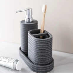KSP Berkeley Stripe Resin Bath Accessory - Set of 3 (Grey/Black)