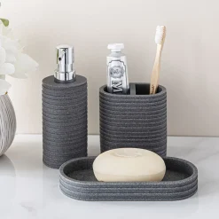 KSP Berkeley Stripe Resin Bath Accessory - Set of 3 (Grey/Black)
