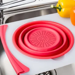 KSP Chop 'N Wash Poly Cutting Board with Colander (Red)