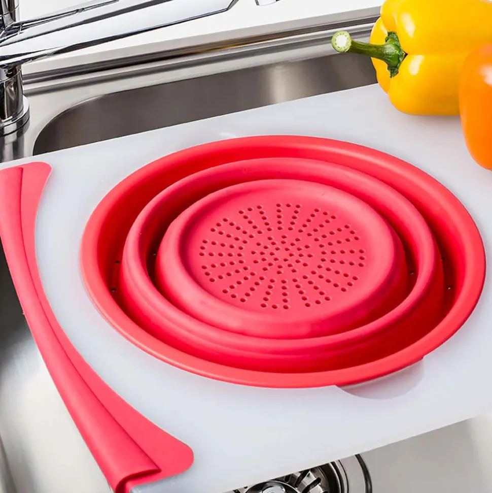 KSP Chop 'N Wash Poly Cutting Board with Colander (Red)