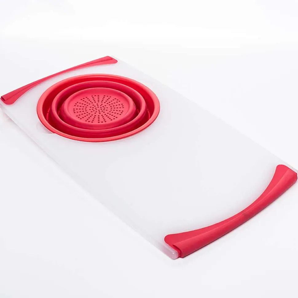 KSP Chop 'N Wash Poly Cutting Board with Colander (Red)