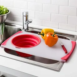 KSP Chop 'N Wash Poly Cutting Board with Colander (Red)