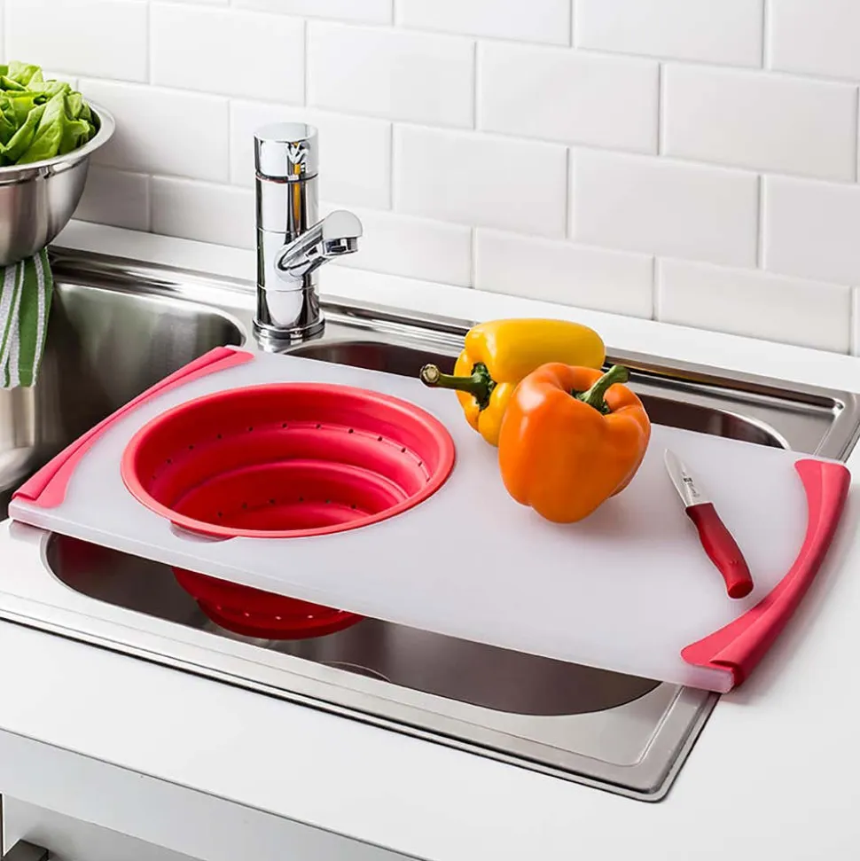 KSP Chop 'N Wash Poly Cutting Board with Colander (Red)