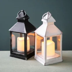 KSP Flicker 'Metal Look' LED Plastic Lantern 10cm Sq. x 24cm (White)