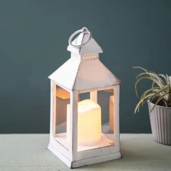 KSP Flicker 'Metal Look' LED Plastic Lantern 10cm Sq. x 24cm (White)