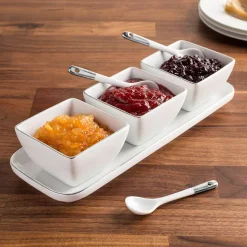 KSP Gleam Porcelain Bowls with Tray - Set/7 (White/Silver)