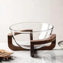 KSP Hearthwood 'Acacia Wood' Glass Salad Bowl with Stand (Clear)