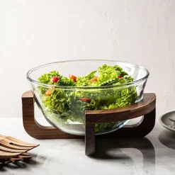 KSP Hearthwood 'Acacia Wood' Glass Salad Bowl with Stand (Clear)