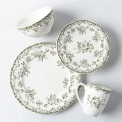 KSP Juliette New Bone China Dinnerware - Set of 16 (White/Green)