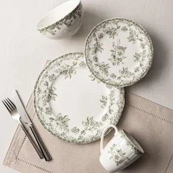 KSP Juliette New Bone China Dinnerware - Set of 16 (White/Green)