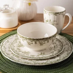 KSP Juliette New Bone China Dinnerware - Set of 16 (White/Green)