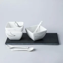 KSP Marble Porcelain Bowls with Tray and Spoons - Set of 7 (White/Grey)