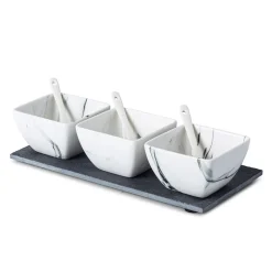 KSP Marble Porcelain Bowls with Tray and Spoons - Set of 7 (White/Grey)