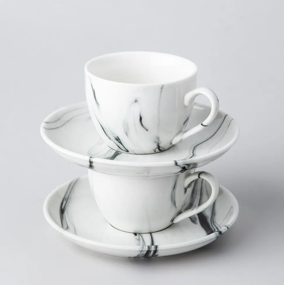 KSP Marble Porcelain Tea Cup with Saucer (White/Grey)