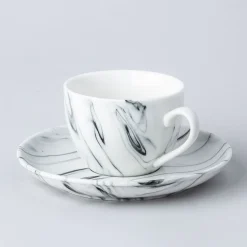 KSP Marble Porcelain Tea Cup with Saucer (White/Grey)