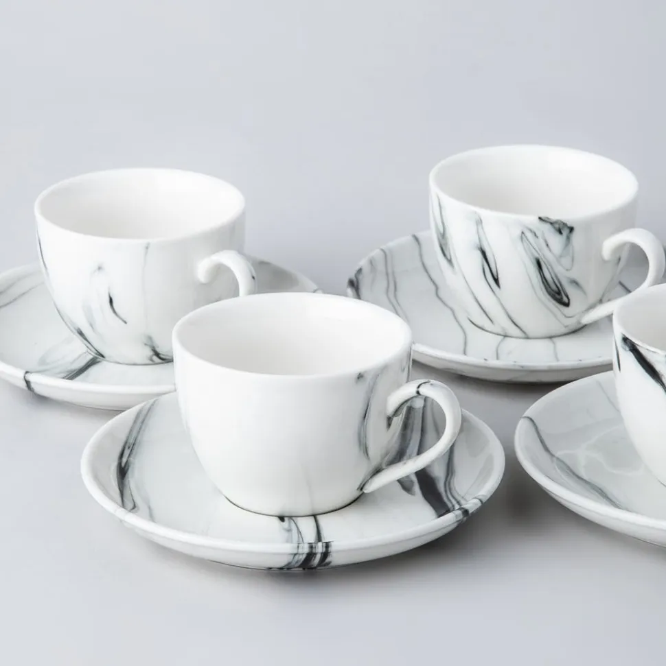 KSP Marble Porcelain Tea Cup with Saucer (White/Grey)