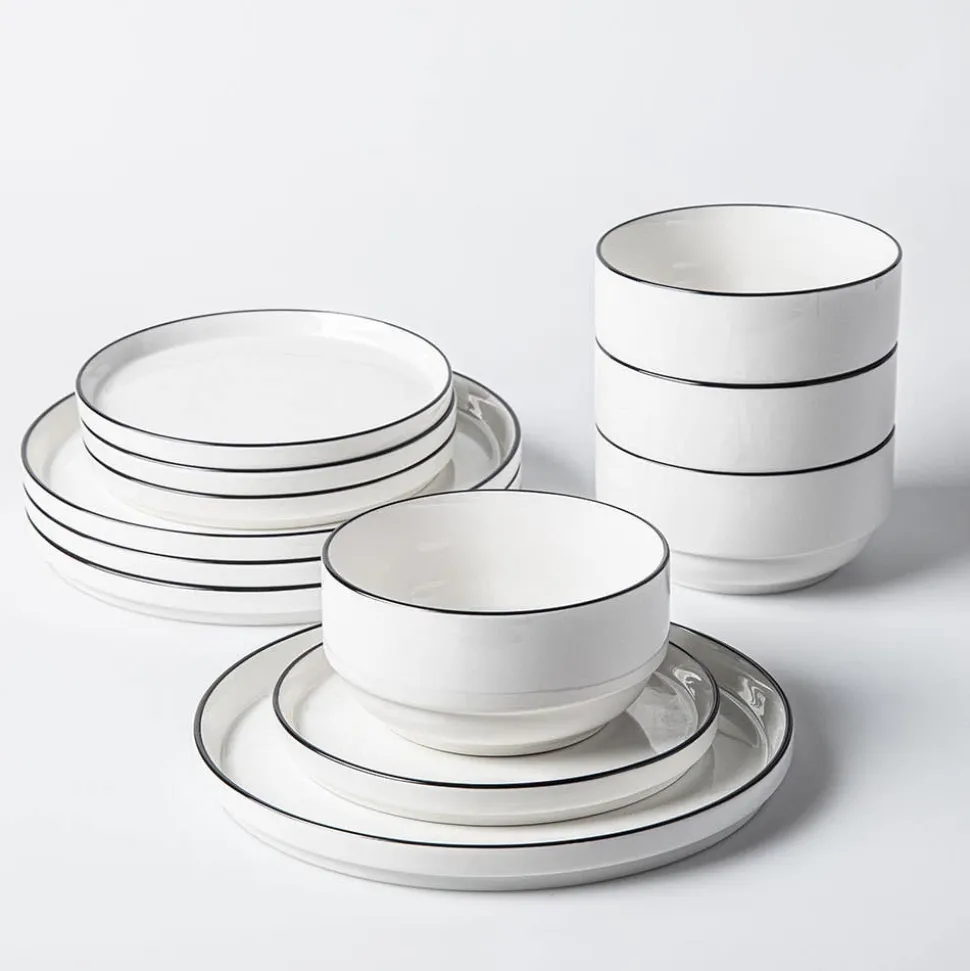 KSP Modo Porcelain Dinnerware - Set of 12 (White/Black)