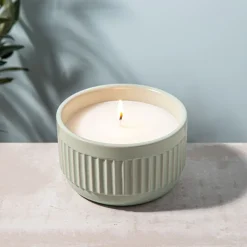 KSP Ribbed Citronella Candle Ceramic Pot 13.5 Dia. x 8cm H (Sage)