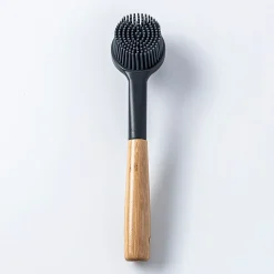 KSP Soft Bristle Silicone Bamboo Handle Dish Brush with Scraper Tip