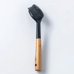 KSP Soft Bristle Silicone Bamboo Handle Dish Brush with Scraper Tip
